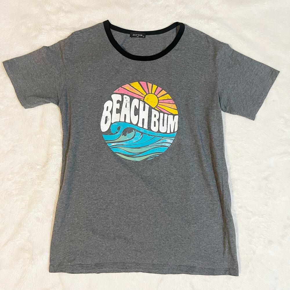 Zutter Beach Bum Graphic Tee Gray Ringer T-Shirt Casual Surf Style Large